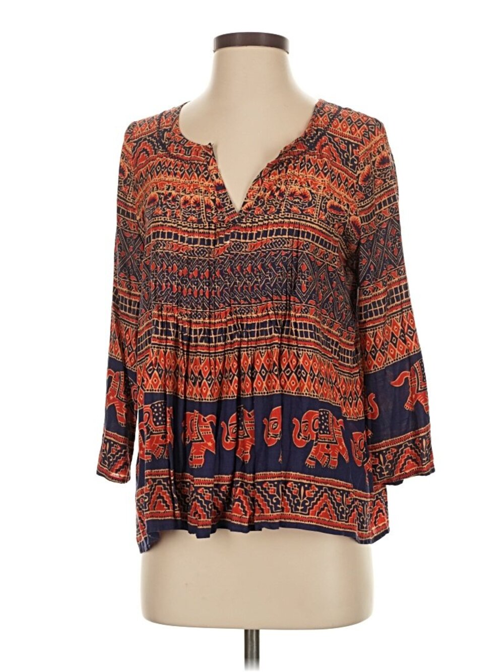 ANTHRO Vanessa Virginia Tribal Elephant Print Blouse Boho Split Neck Size 4 - Picture 3 of 10
